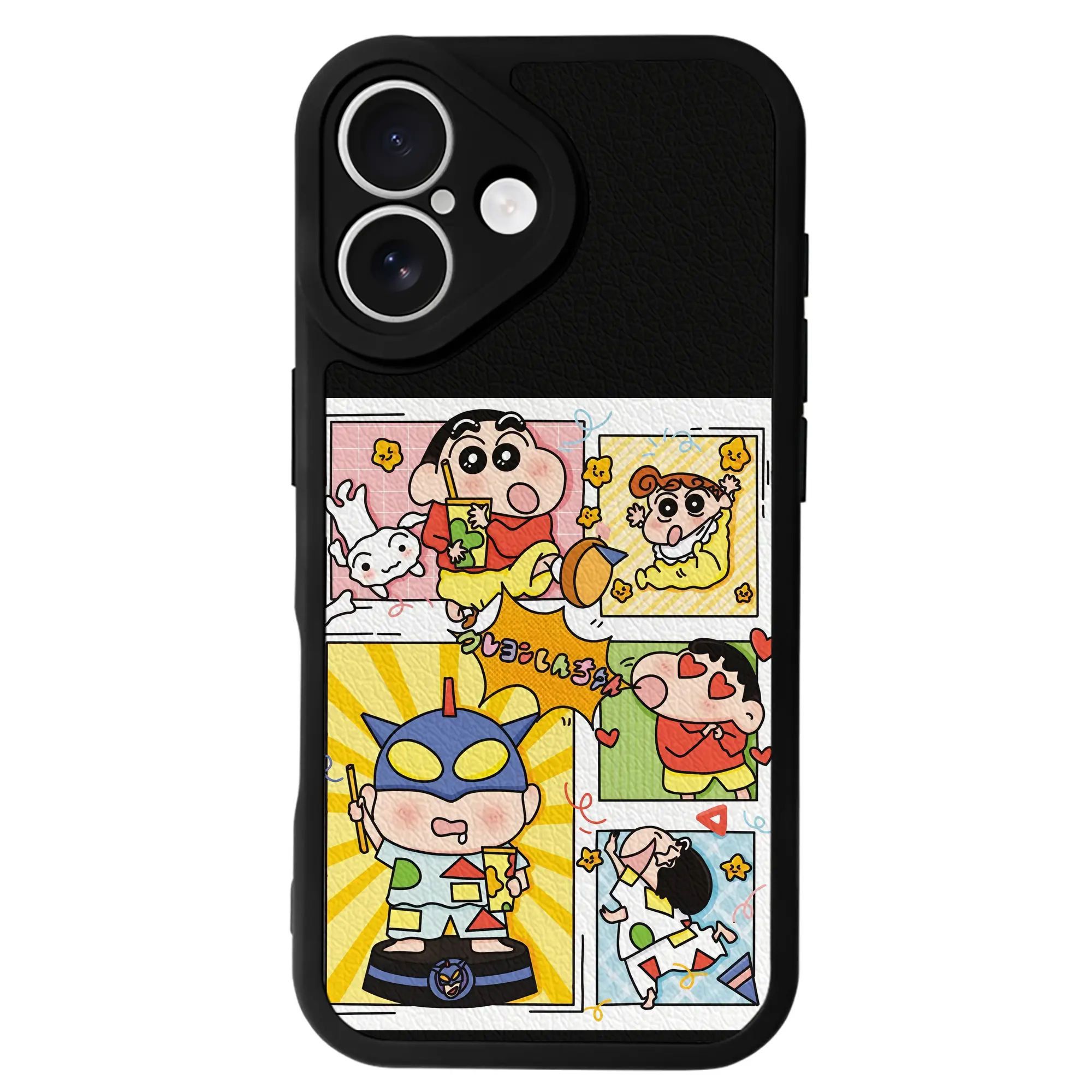 クレヨンしんちゃん グッズ 野原 しんのすけ - IPhone 16シリーズ対応 ・ シリコンスマホケース ・ レザー調 ・ 高精度フィット ・ 耐衝撃 ・ ワイヤレス充電対応 ・ 精密カット